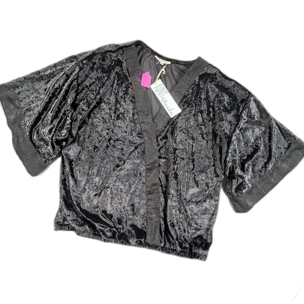 NWT Aunt Wanda Crushed Velvet Kimono Sleeve Wrap Top S/M Black Whimsygoth Party